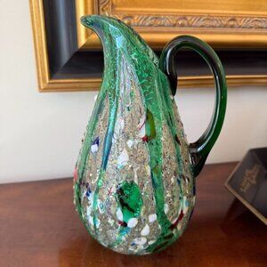 Vintage Murano Pitcher Italy Art Glass Green Speckled Gold Flakes